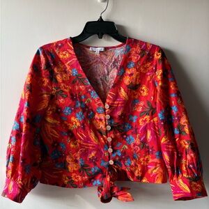 Anthropologie Maison d’ Amélie Red Floral Linen Blend Button Tie Front Top